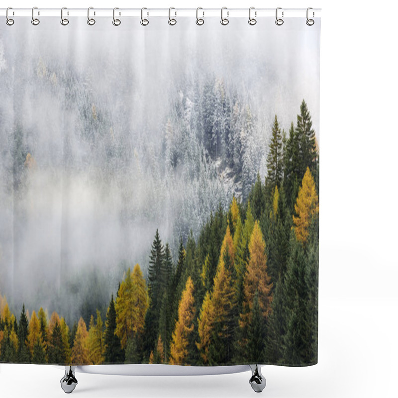 Personality  Autumn And Winter Colour Mix / Italian Alpine Mountains During Autumn Switching To  Winter In Foggy Day Shower Curtains