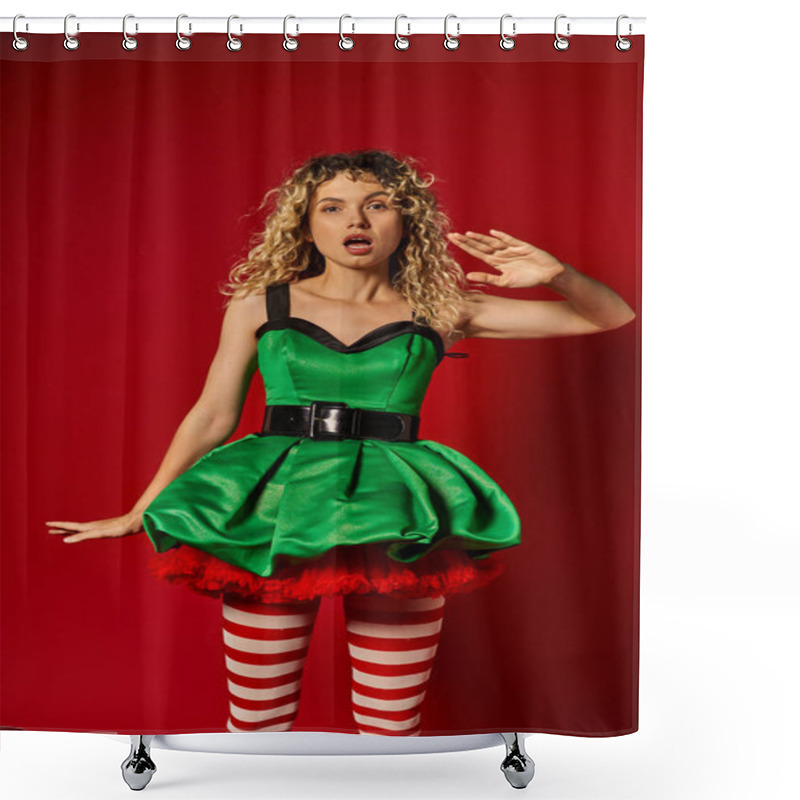 Personality  Astonished Curly Woman Dressed As New Year Elf In Festive Dress Standing And Gesturing With Arms Shower Curtains