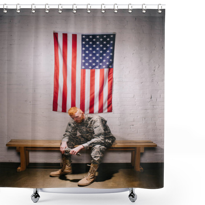 Personality  Red Hair American Soldier Sitting On Wooden Bench With Flag On White Brick Wall Behind, Americas Independence Day Concept Shower Curtains