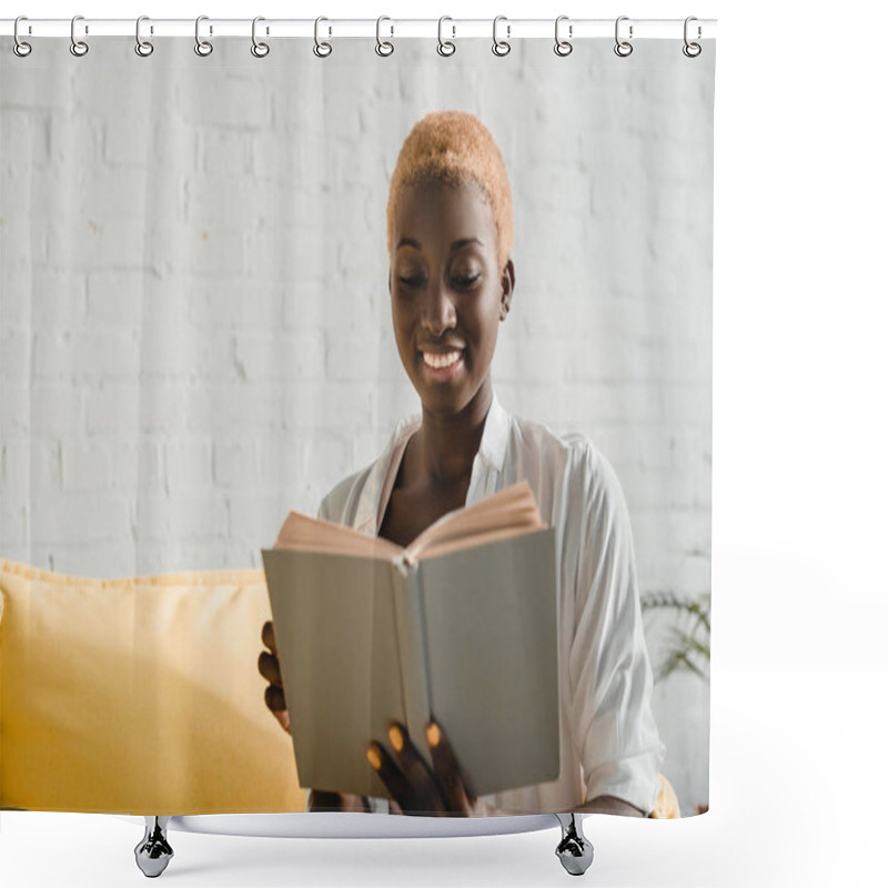 Personality  Cheerful African American Woman With Short Hair Reading Book On Yellow Sofa  Shower Curtains