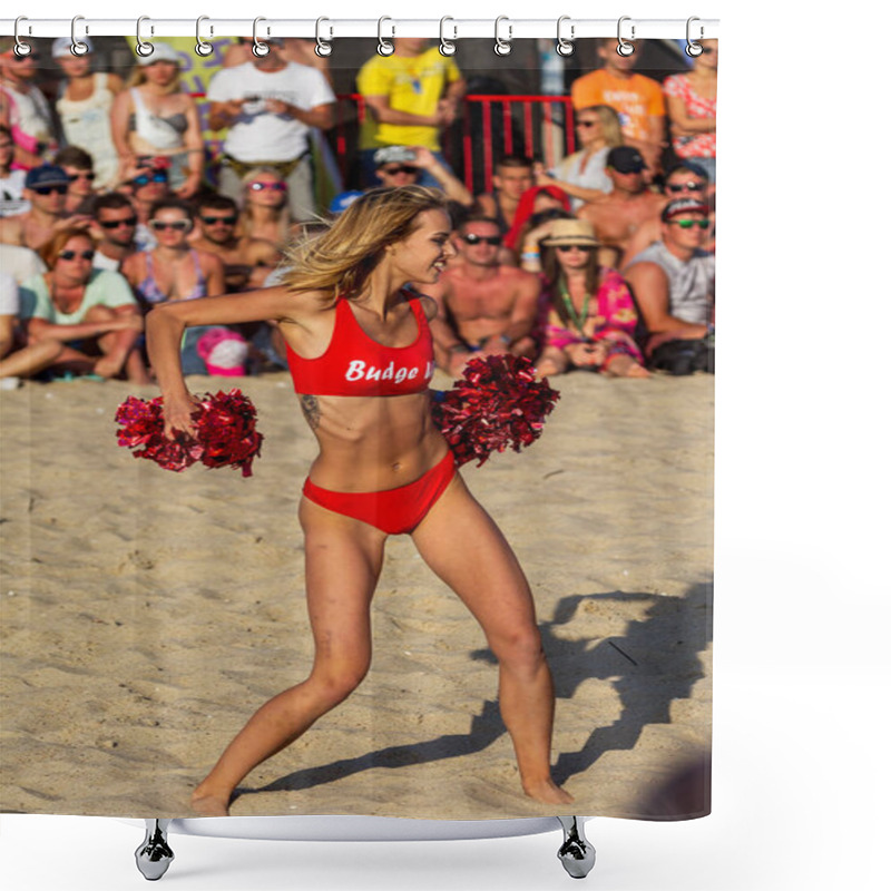 Personality  ODESSA, UKRAINE - August 26, 2017: Championship Of Ukraine In Cheerleading At Sea During Festival Z-Games. Beautiful Young Sports Girls Cheerleaders Perform In Sand Of Beach At Festiva Shower Curtains