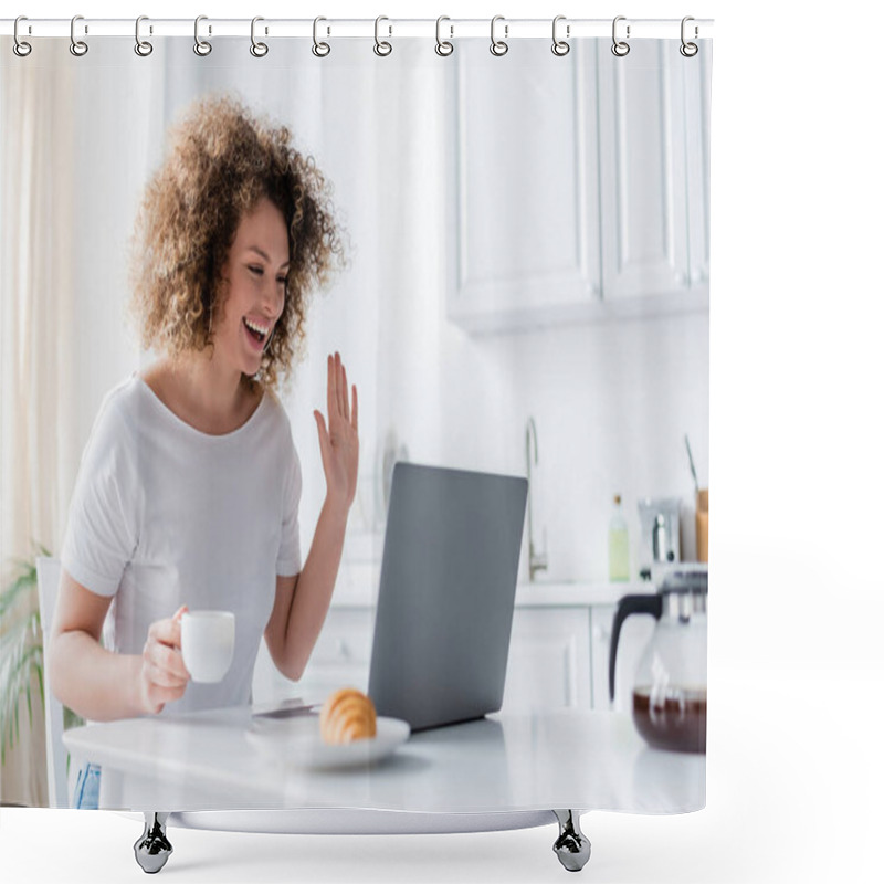 Personality  Happy Woman With Coffee Cup Waving Hand Near Laptop And Blurred Croissant Shower Curtains