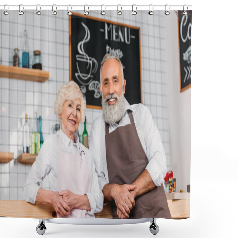 Personality  Coffee Shop Owners Standing At Counter Shower Curtains