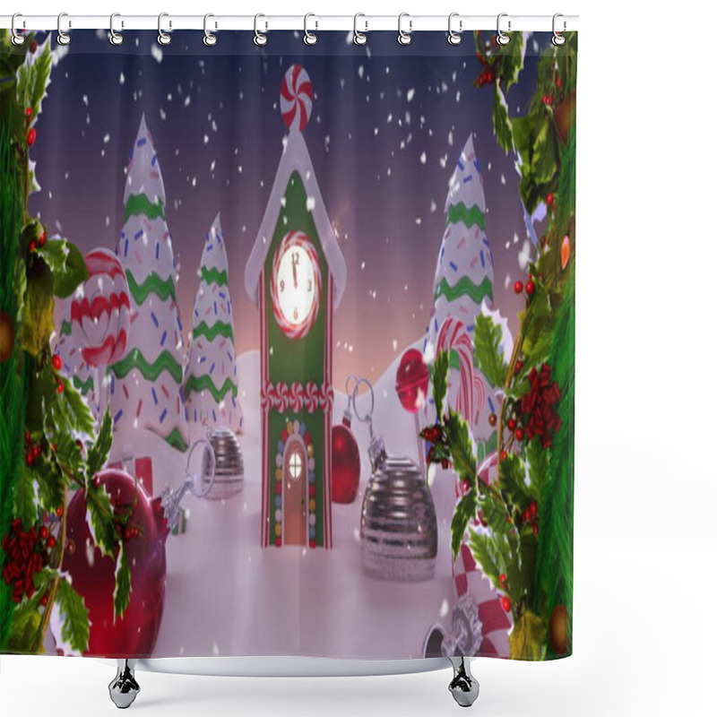 Personality  Digital Image Of Snow Falling Against Trees Covered In Snow, Christmas Bauble Decorations And House With Clock On Winter Landscape. Christmas Festivity Celebration Tradition Concept Shower Curtains