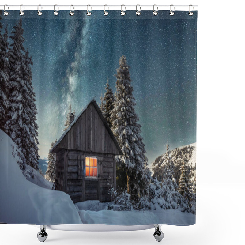 Personality  Fantastic Winter Landscape With Wooden House In Snowy Mountains Shower Curtains