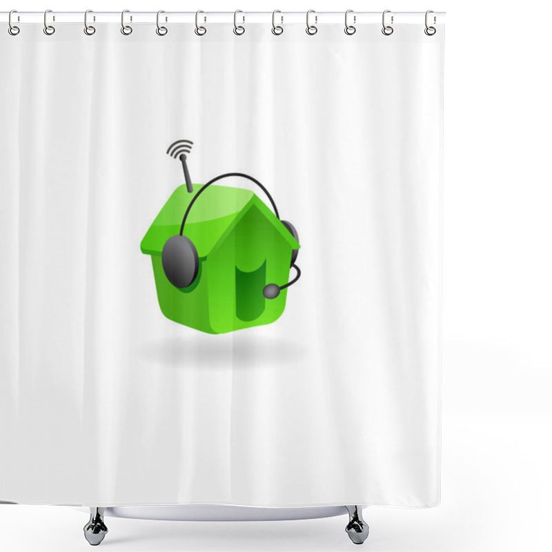 Personality  Icon Or Logo Design For Work From Home Business. Talking House Icon With Headset And Wifi. Working At Home Because Of COVID-19. Shower Curtains