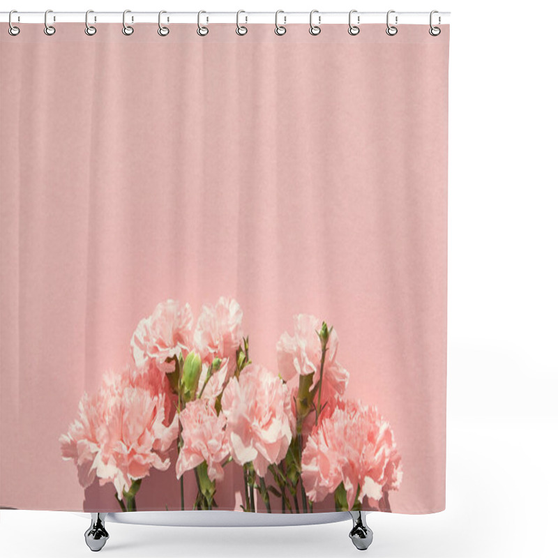 Personality  Top View Of Blooming Carnations On Pink Background Shower Curtains