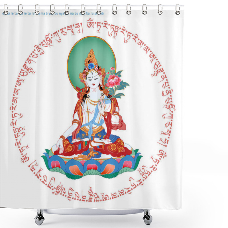 Personality  White Tara In Tibetan Buddhism, Is A Female Bodhisattva In Mahayana Buddhism Who Appears As A Female Buddha In Vajrayana Buddhism. Buddha. Color Design. Vector Illustration. Shower Curtains