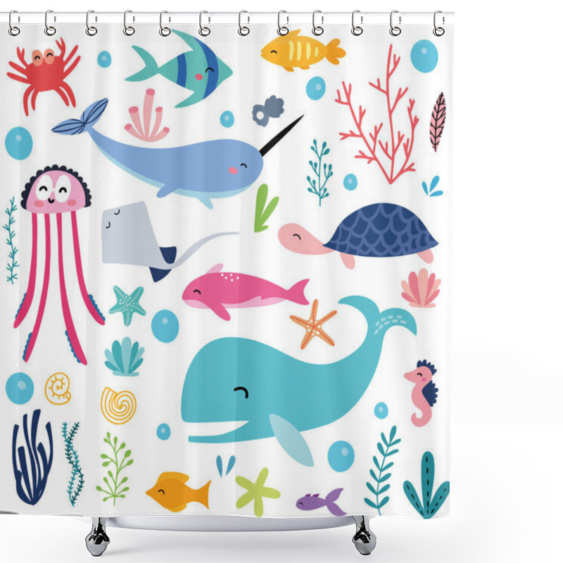 Personality  Sea Fish Seamless Pattern, Vector Design For Wrapping Paper, Textile, Background Fill Design. Whale, Turtle, Fish, Jelly Fish, Crab, Sea Star And Much More Shower Curtains