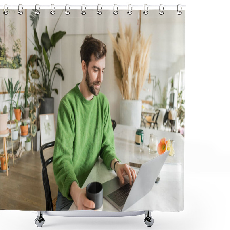 Personality  Happy Freelancer In Jumper Using Laptop And Holding Cup Of Coffee While Working At Home Shower Curtains