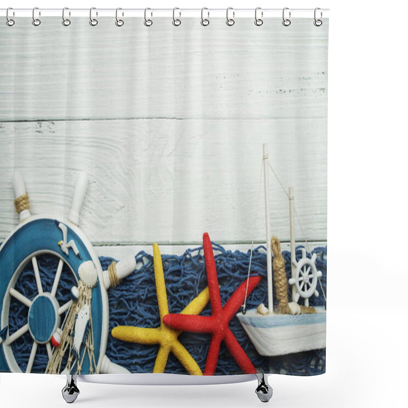 Personality  Nautical Ornaments Antique Sail Boat Toy Model And Lifebuoy On Wooden Background Shower Curtains