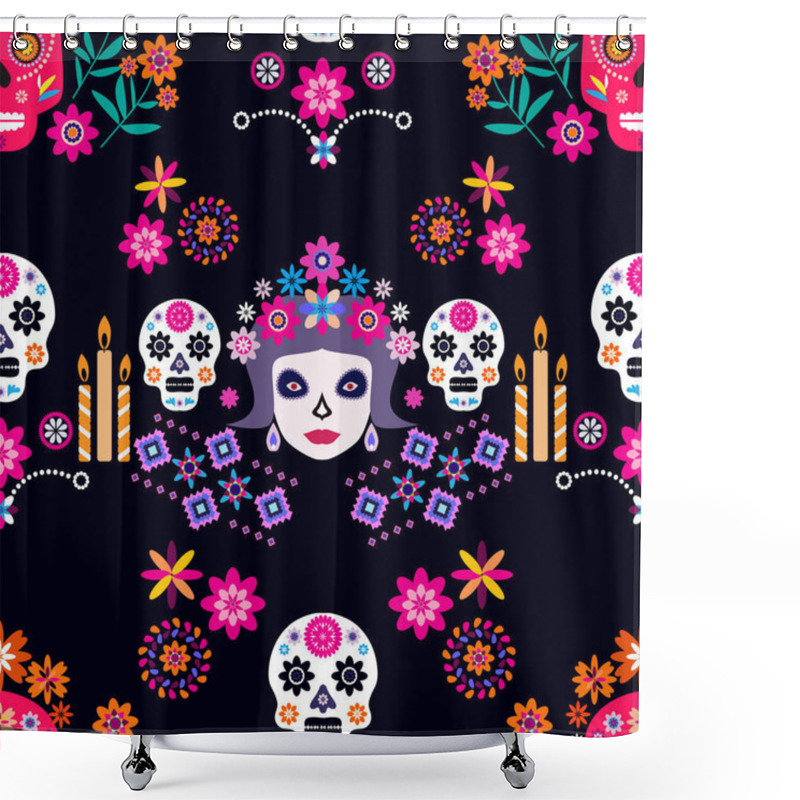 Personality  Mexican Seamless Pattern, Catrina Calavera  Sugar Skulls And  Marigold Flowers. Template  For Mexican Celebration, Traditional Mexico Skeleton Decoration. Dia De Los Muertos, Day Of The Dead  Halloween Vector Illustration Shower Curtains