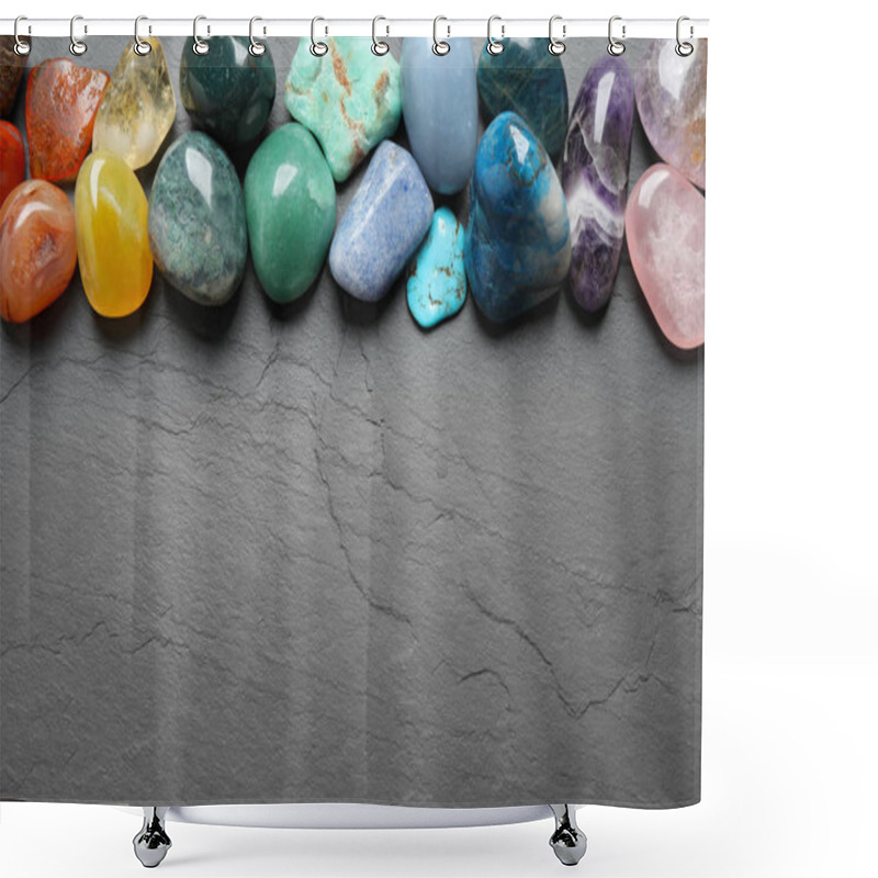 Personality  Flat Lay Composition With Different Gemstones On Grey Table, Space For Text Shower Curtains