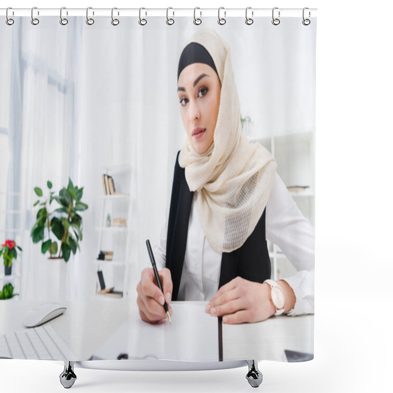 Personality  Portrait Of Arabic Businesswoman Looking At Camera While Signing Papers At Workplace Shower Curtains