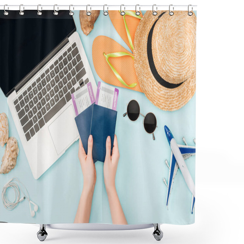 Personality  Cropped View Of Woman Holding Passports And Air Tickets Near Laptop, Earphones, Sunglasses, Seashells, Flip Flops And Straw Hat On Blue Background Shower Curtains