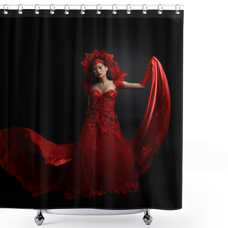 Personality  Dramatic Portrait Of Beautiful Young Asian Woman Wearing Red Corset, Long Opera Gloves And Ornate Gothic Queen Crown. Graceful Posing Isolated On A Dark Studio Background. Shower Curtains