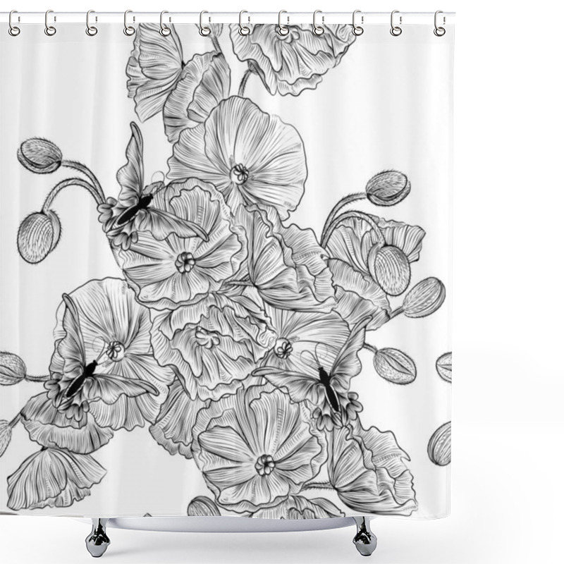 Personality  Vector Seamless Wallpaper Pattern With Poppy Flowers Shower Curtains