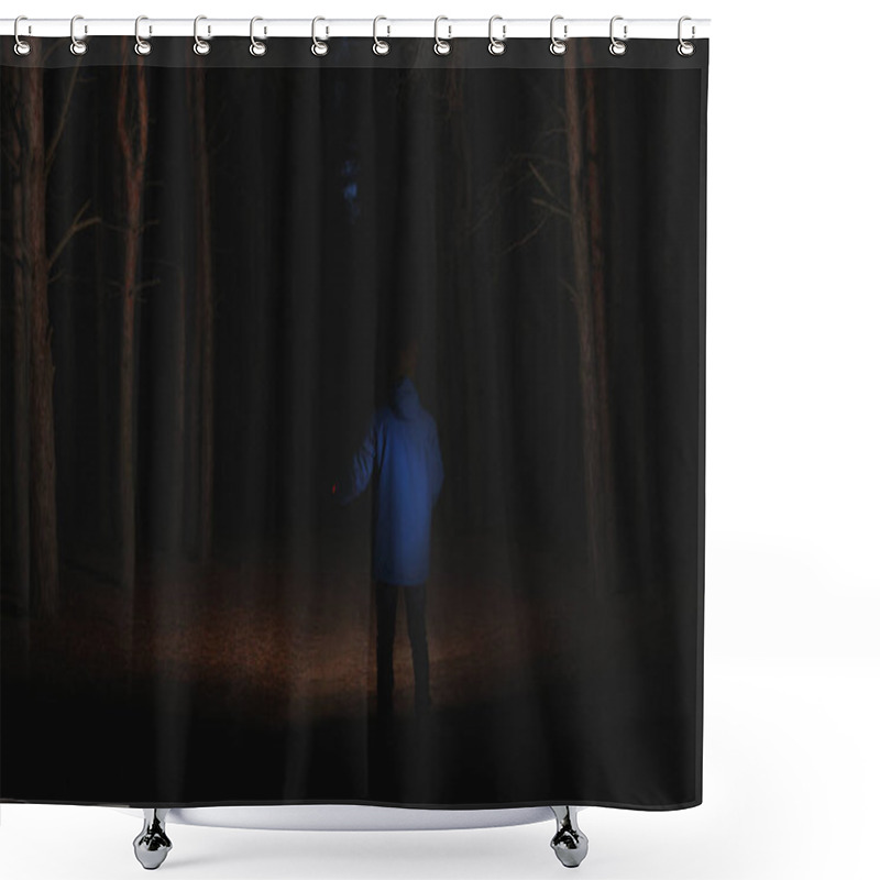 Personality  Man With Bright Flashlight In Forest At Night Shower Curtains