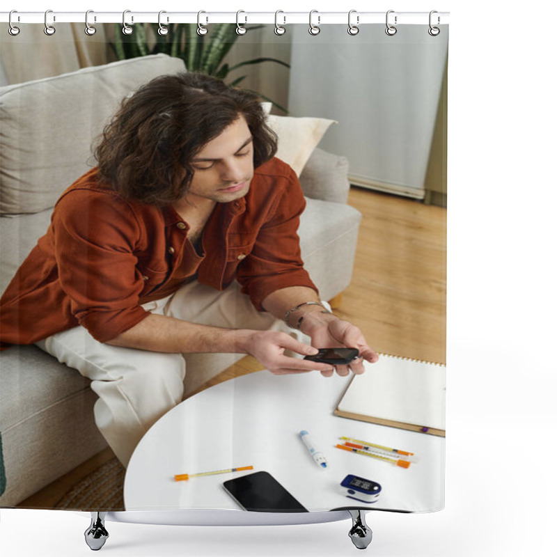 Personality  Young Man Practices Self-care At Home While Monitoring His Diabetes Daily Routine. Shower Curtains