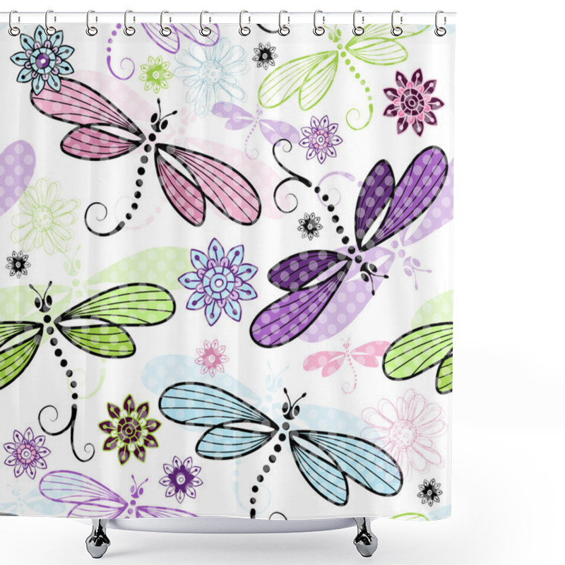 Personality  Spring Seamless Floral Pattern With Dragonflies Shower Curtains