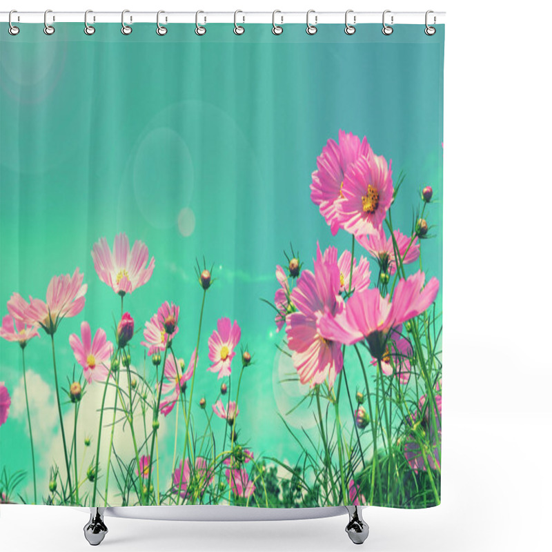 Personality  Retro Cosmos Flower Fields Background. Shower Curtains