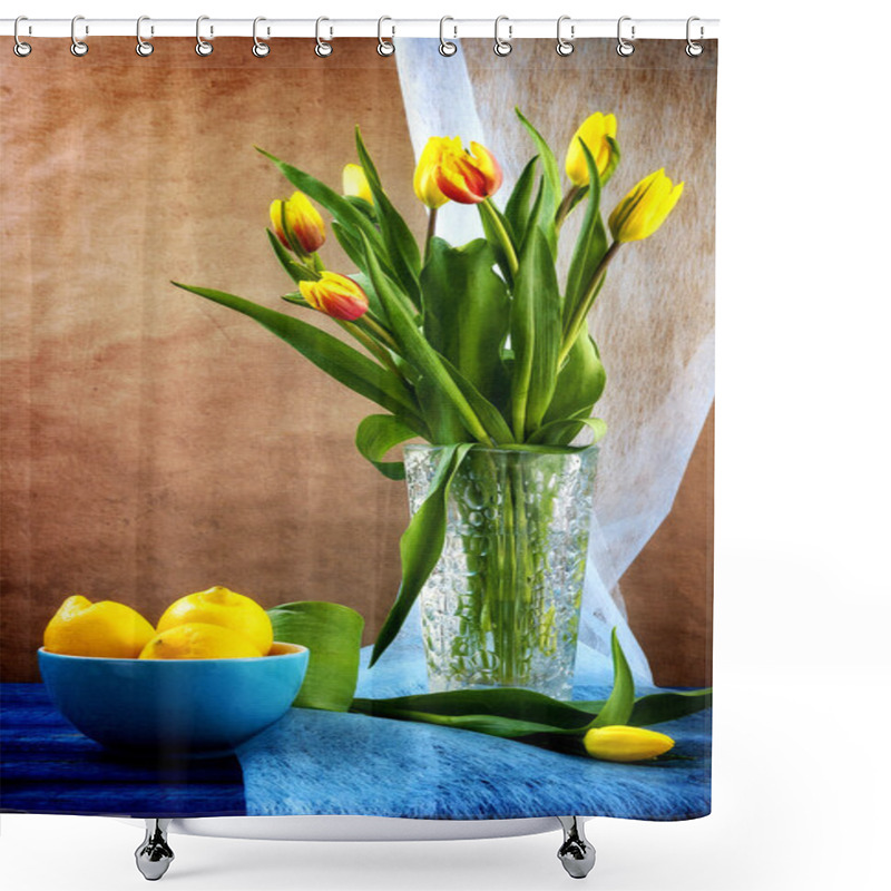 Personality  Still Life Bouquet Tulips Lemons Shower Curtains