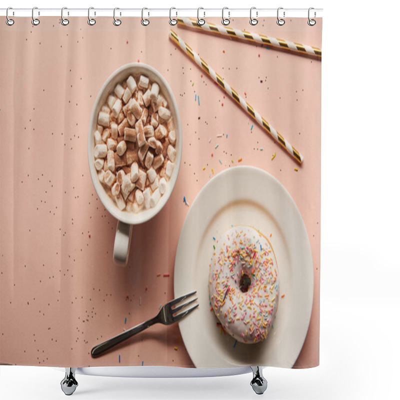 Personality  Top View Of Sweet Cacao With Marshmallows Near Donut On Pink Background  Shower Curtains