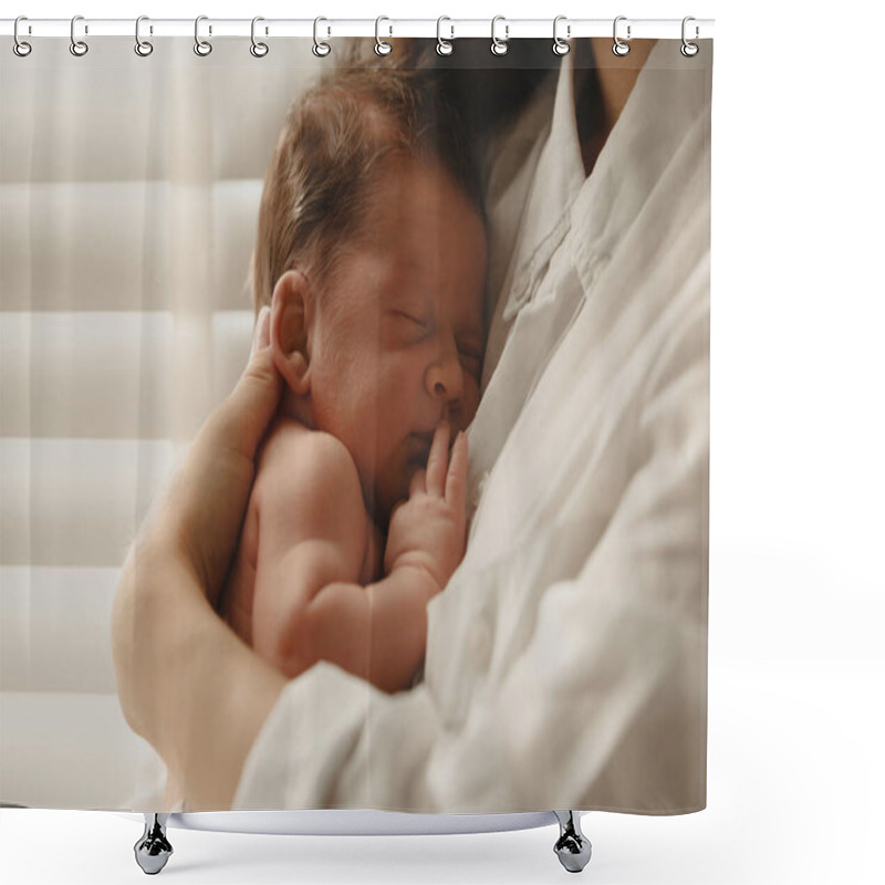 Personality  Mother Holding Her Cute Newborn Baby Indoors, Closeup Shower Curtains