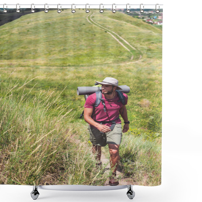 Personality  Traveler In Hat With Backpack And Tourist Mat Walking On Path Shower Curtains