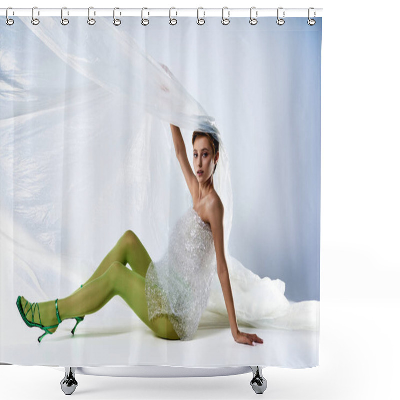 Personality  A Woman Poses In A White Plastic Dress And Green Tights. Shower Curtains