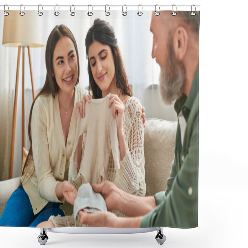 Personality  Cheerful Pregnant Woman Getting Singlet And Beanie As Gift From Her Grey Bearded Father, Ivf Concept Shower Curtains