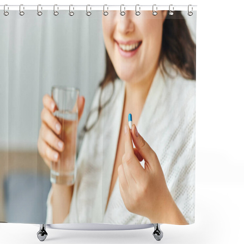 Personality  A Joyful Plus Size Woman Holds A Glass Of Water And A Pill, Embracing Her Wellness Routine. Shower Curtains