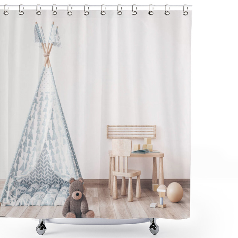 Personality  Kids Wall Mock Up. Kids Room Interior Design In Scandinavian Interior, 3d Render Shower Curtains