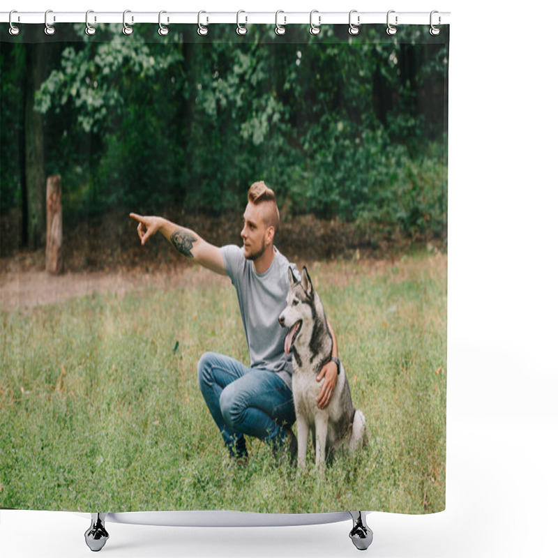 Personality  Young Man Showing Something To Siberian Husky Dog In Park Shower Curtains