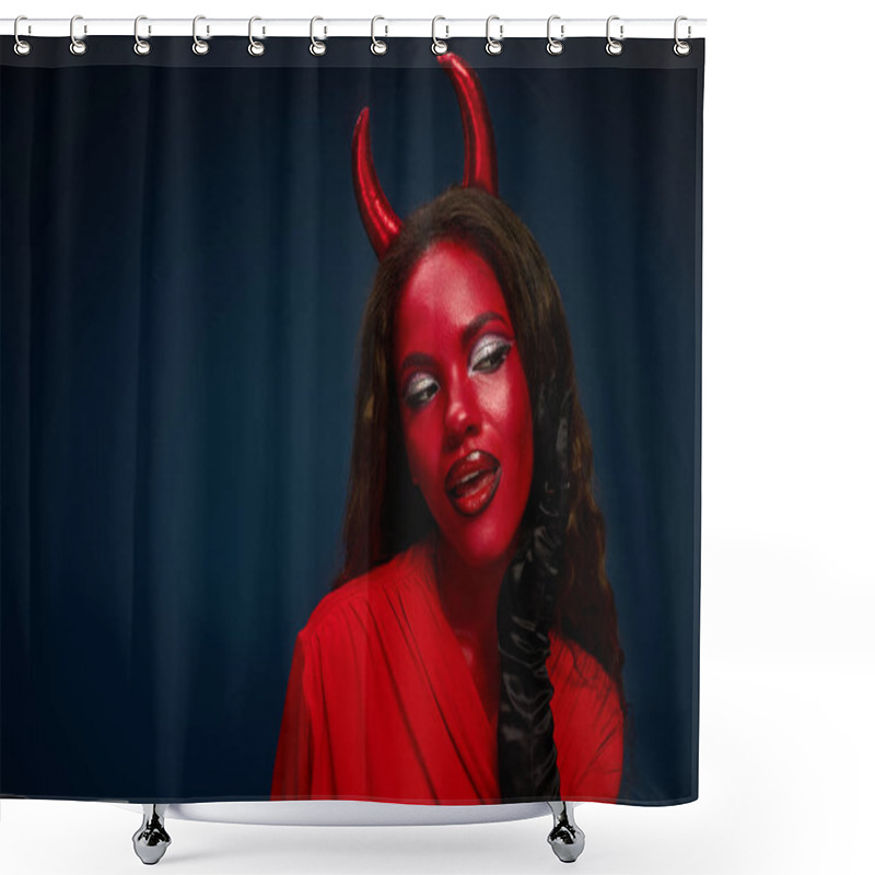 Personality  A Beautiful Woman Dons A Striking Halloween Costume, Embodying Festive Spirit And Creativity. Shower Curtains