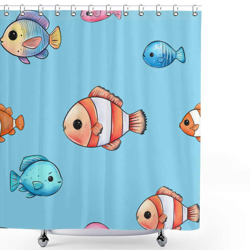 Personality  Various Cartoon-style Fish Swim Joyfully Across A Vibrant Blue Background, Showcasing Bright Colors And Playful Designs, Creating A Lively Underwater Atmosphere. Shower Curtains