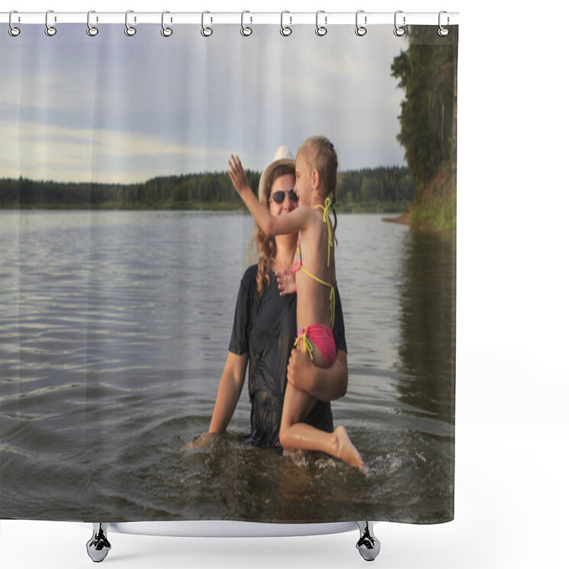 Personality  Evening, Lake. The Child In The Arms Of His Mother Is In The Lake Shower Curtains