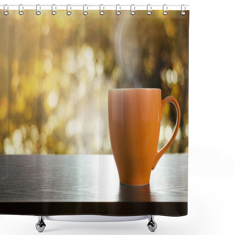 Personality  Cup Of Hot Coffee On Table. Relaxation Concept. Side View. Golden Bokeh As Background Shower Curtains