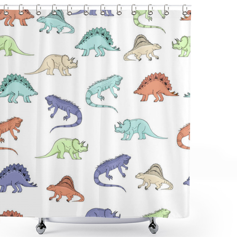 Personality  Dino Seamless Pattern, Cute Cartoon Hand Drawn Dinosaurs Vector Illustration Shower Curtains