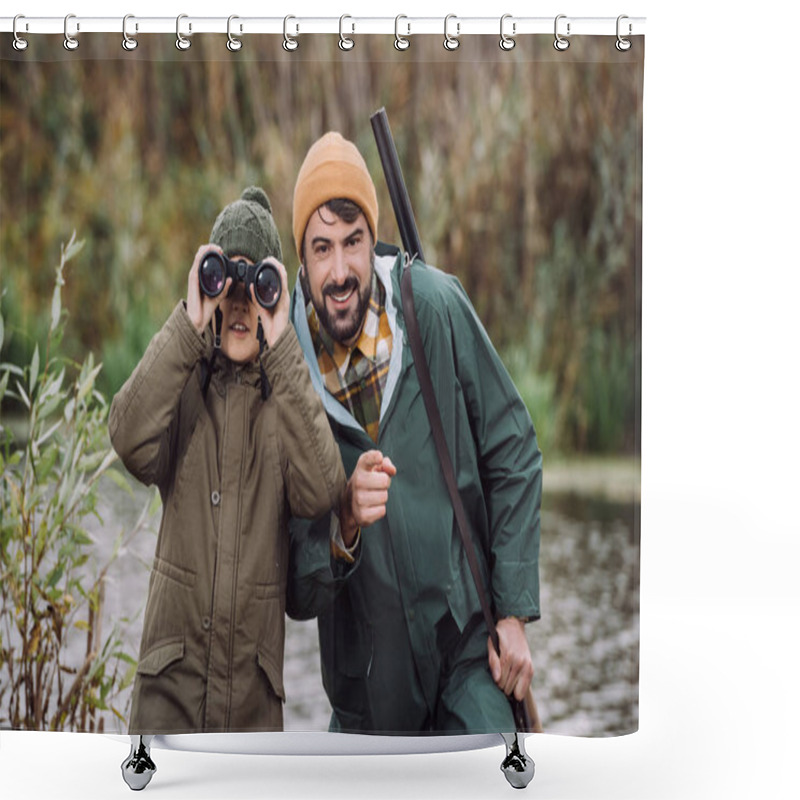 Personality  Son Looking Through Binoculars  Shower Curtains