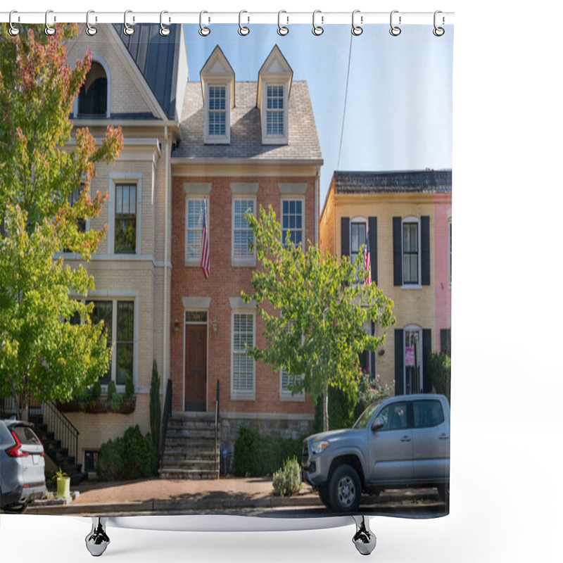 Personality  Rows Of Brick Townhouses Along The Road With Cars At The Curb. Alexandria, Virginia. Shower Curtains