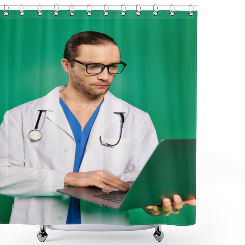 Personality  Handsome Doctor In White Lab Coat Working On Laptop Against Green Backdrop. Shower Curtains