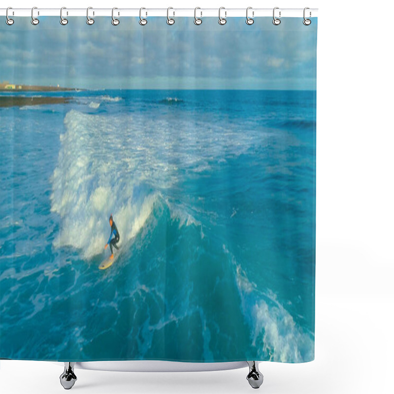 Personality  DRONE: Fit Male Surfing Epic Barrel Waves Near Rocky Island On A Sunny Day Shower Curtains