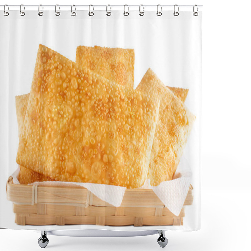 Personality  Fried Pastels, Brazilian Pastel Frito, On A Basket, White Background Shower Curtains