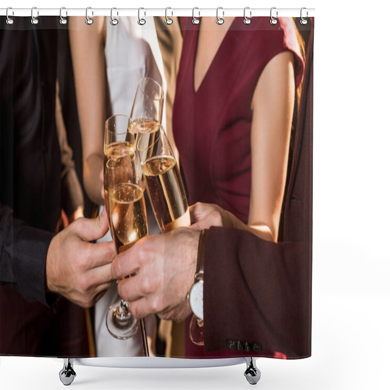 Personality  Cropped Shot Of Friends Clinking Champagne Glasses During Party Shower Curtains