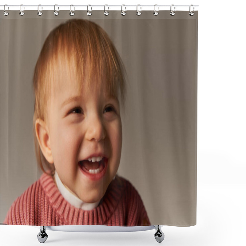 Personality  Portrait Of Cute Baby Girl, Happy Toddler Child, Little Kid In Casual Attire Looking At Camera On Grey Background In Studio, Emotion, Innocence, Toddler Fashion, Stylish Outfit, Sweater, Positivity  Shower Curtains