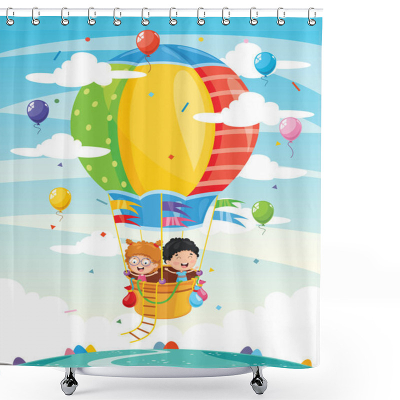 Personality  Vector Illustration Of Kids Riding Hot Air Balloon Shower Curtains