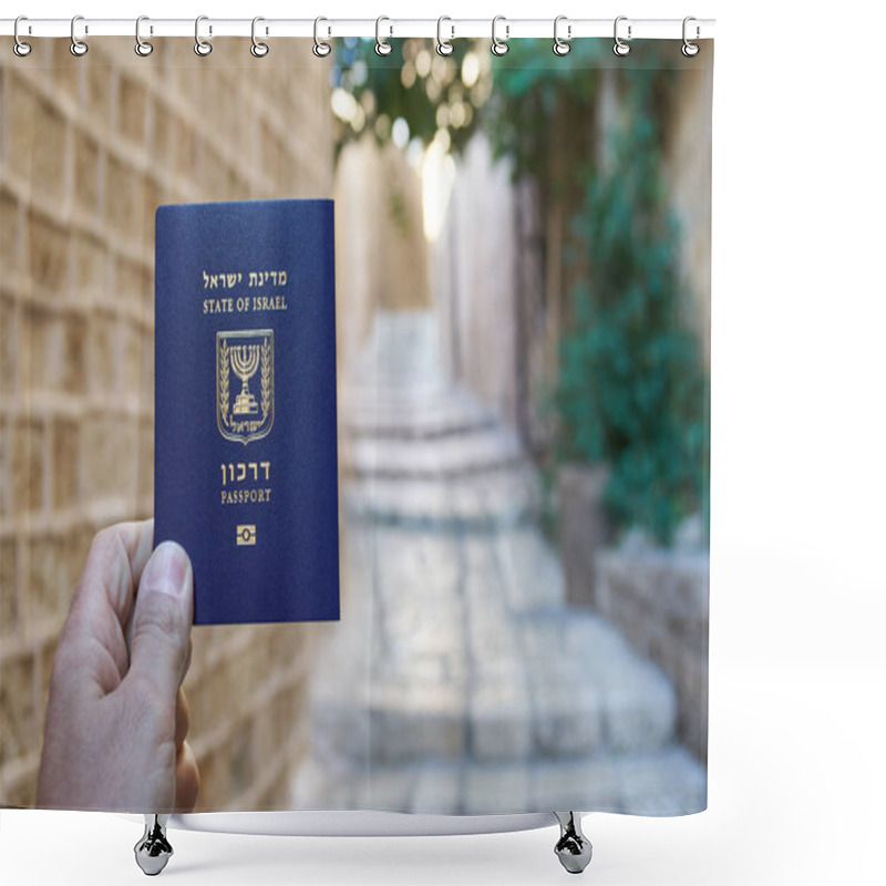 Personality  Male Hand Holds An Israel Passport On The Old Narrow Street Background Shower Curtains