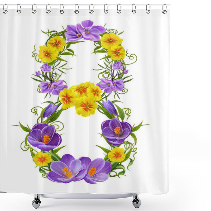 Personality  8 March Women's Day Greeting Card Template. Openwork Weaving, A Wreath Of Delicate Flowers, Roses, Leaves And Branches. Flower Arrangement Isolated On White Background. Shower Curtains