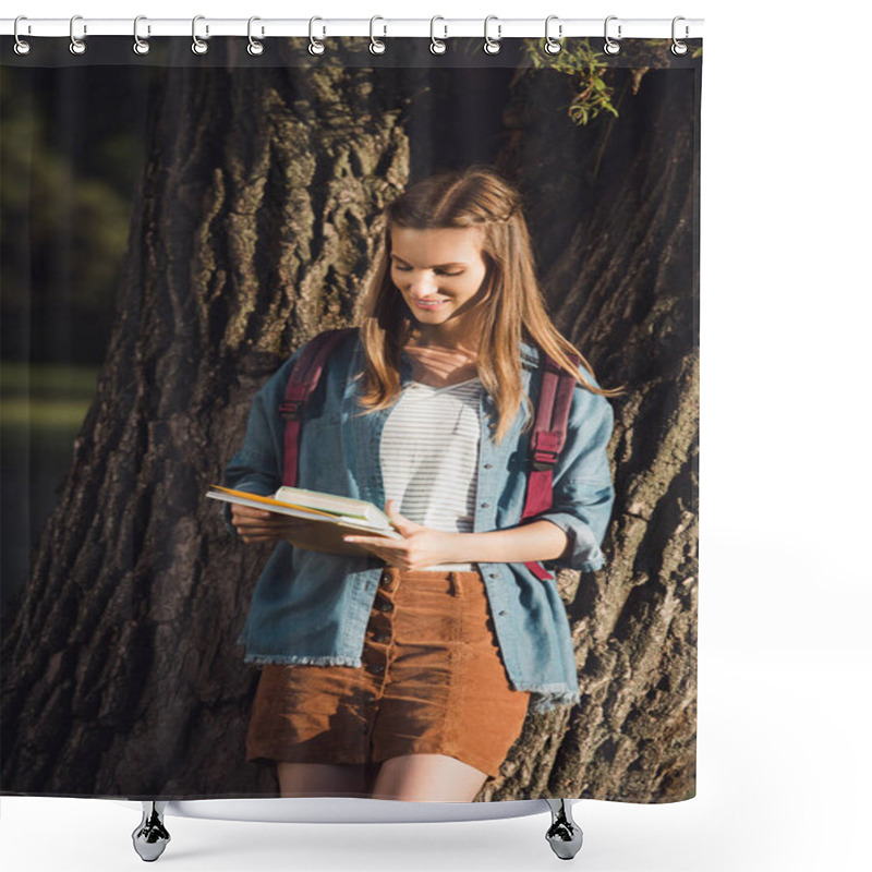 Personality  Young Girl With Books In Park Shower Curtains